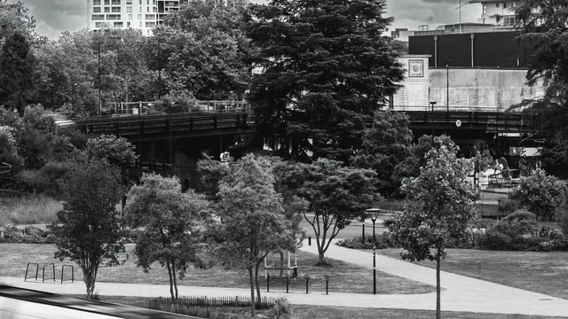 Tram et paysage urbain de Nantes en noir et blanc
